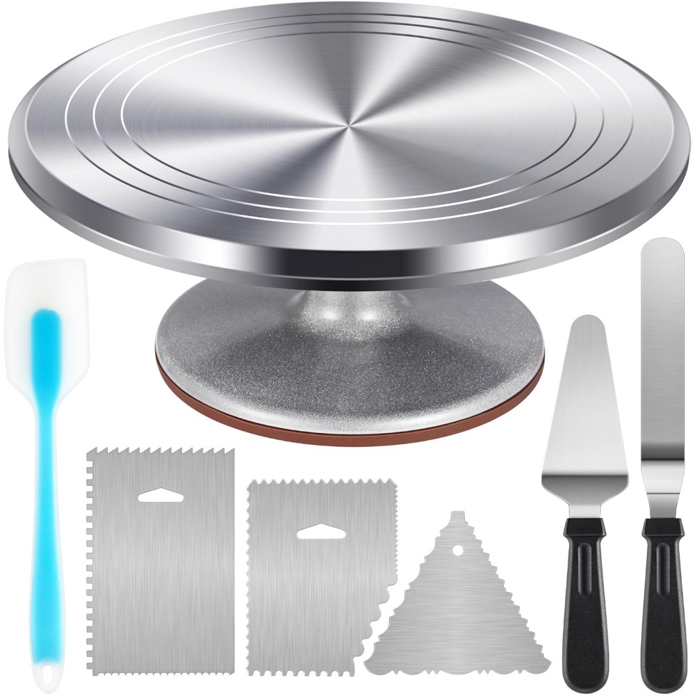 Cake Decorating Turntable - アルミ製ケーキターンテーブルセット、回転式ケーキスタンド付き、ケーキ、デザート作り、ケーキデコレーションアクセサリー、製菓道具