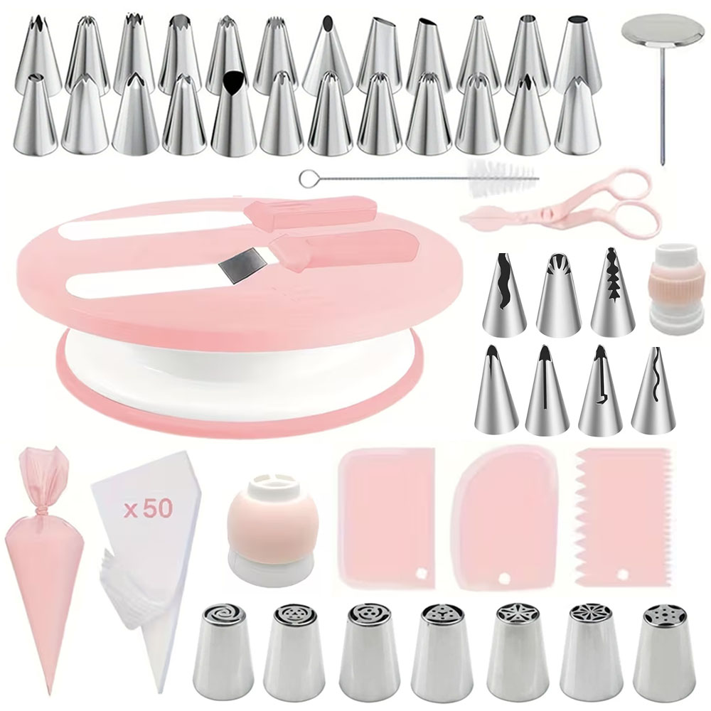 Cake Decorating Turntable - 100個のケーキデコレーションキット、回転台、アイシングパイピングチップ、スパチュラ、初心者向けバッグ付きの完全なベーキングツールセット、ピンクまたはグリーン