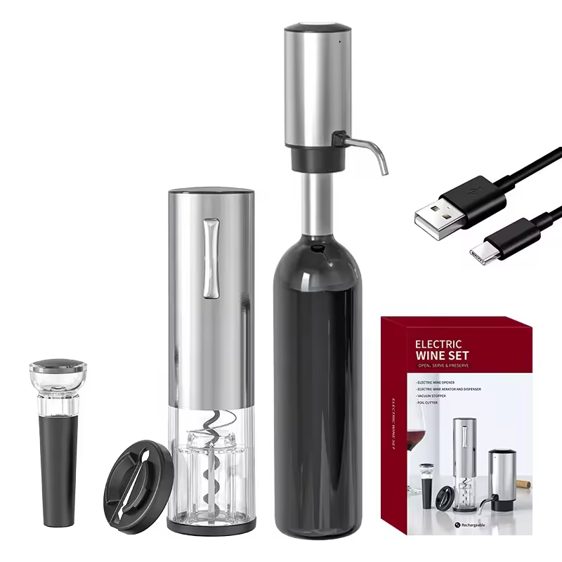 Electric Can Opener - 2024 新デザイン 4-in-1 リチウム充電式電気ボトルワインオープナーセット、ワインエアレーター注ぎ口、ホイルカッター、ワインストッパー