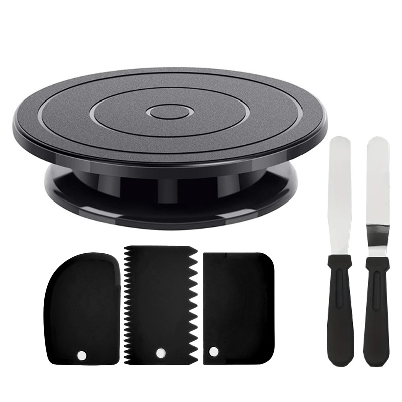 Cake Decorating Turntable - ケーキデコレーションキット6点セット（ターンテーブル、スパチュラ2本、スクレーパー3本付き） | アイシングスムーザー、フロスティングツール、ベーキングアクセサリーツール