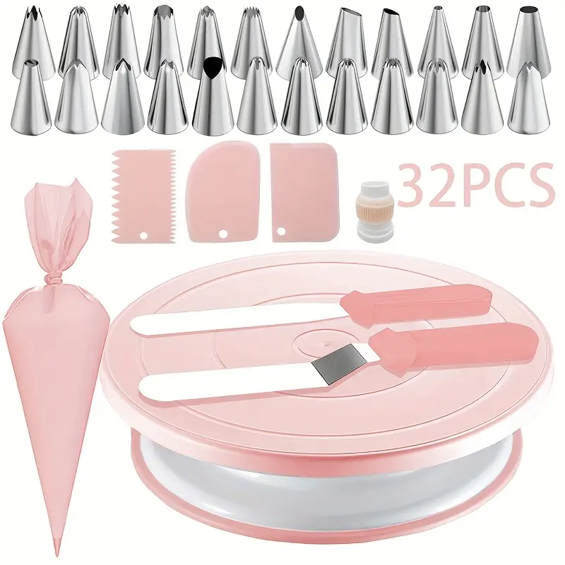 Cake Decorating Turntable - 32個入りケーキデコレーションキット、回転台、パイピングチップ、初心者向け完全な製菓道具、DIYフォンダン、バタークリームDIYデコレーション