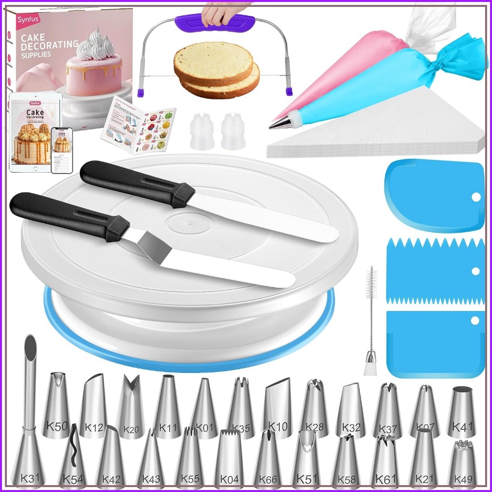Cake Decorating Turntable - 65点入りケーキデコレーションキット（回転台、絞り袋＆チップ、スパチュラ、スクレーパー、レベラー付き）