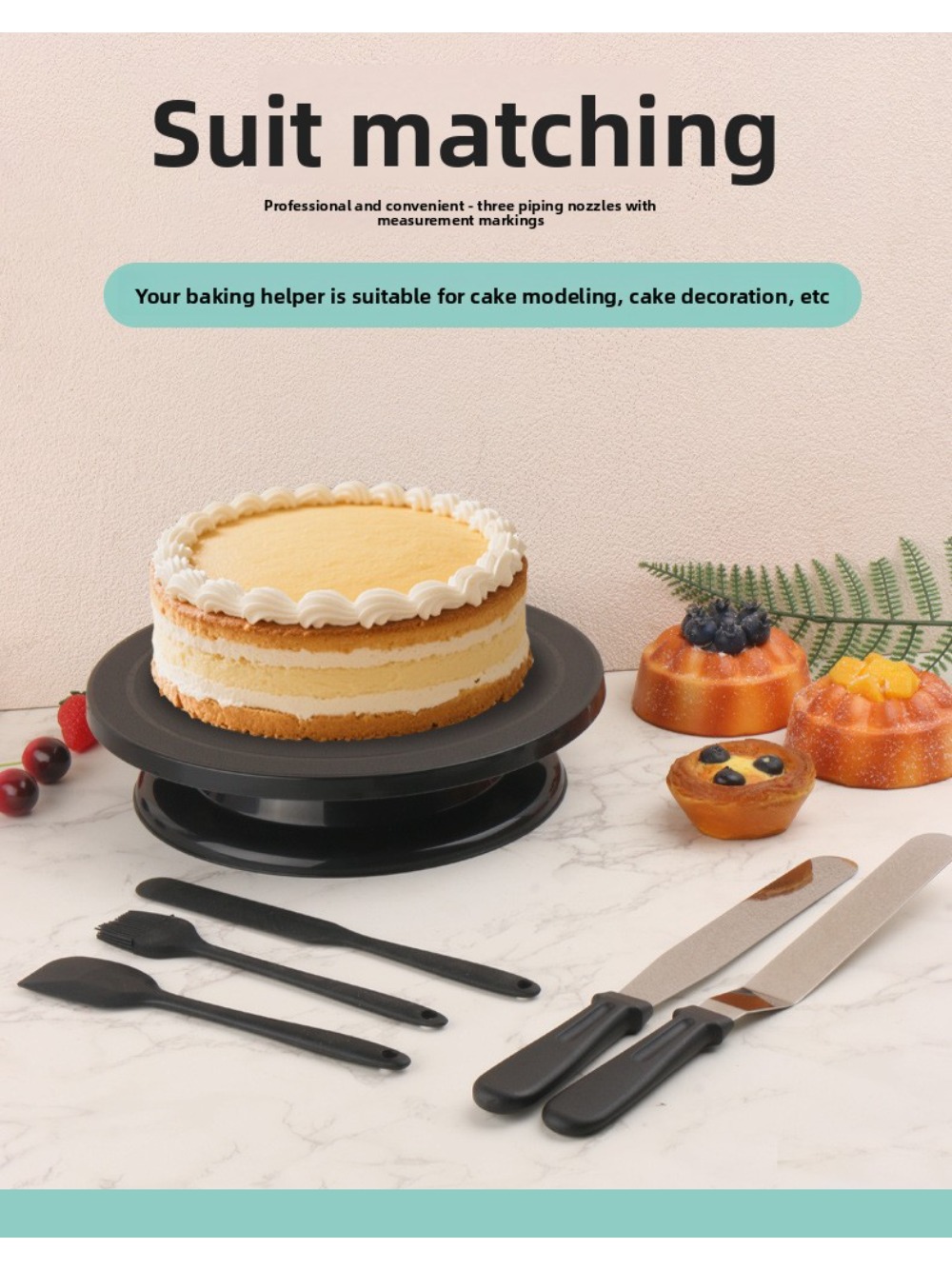 Cake Decorating Turntable - プラスチック製回転ケーキターンテーブルセット、回転式ケーキデコレーションスタンド、クリームスパチュラ付き、DIYベーキングアイシングデコレーションツールキット