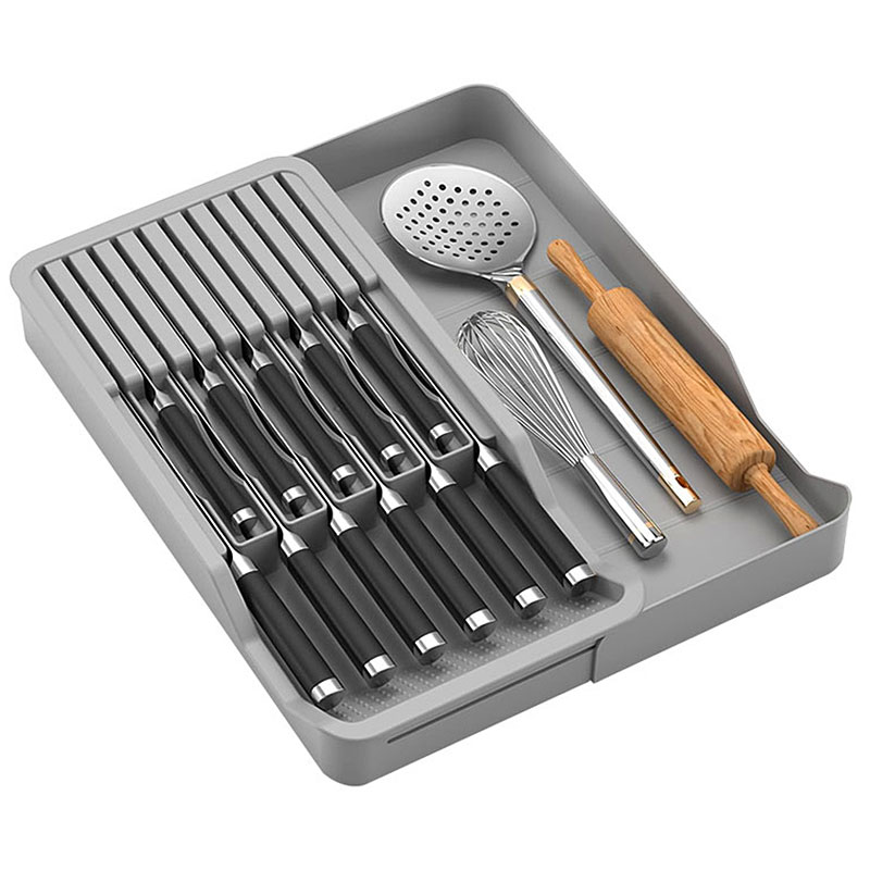 Kitchen Gadgets Hacks - 拡張可能なオーガナイザー付きナイフブロックホルダー、キッチンカウンタートップ用収納トレイ、格納式引き出しインサート