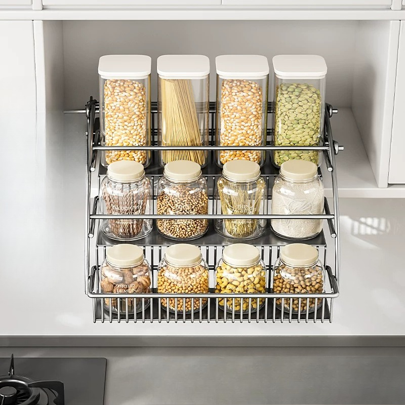 キャビネットプルダウンバスケット、3段リフトアップスパイスラ - Kitchen Gadgets Hacks のレビューと価格