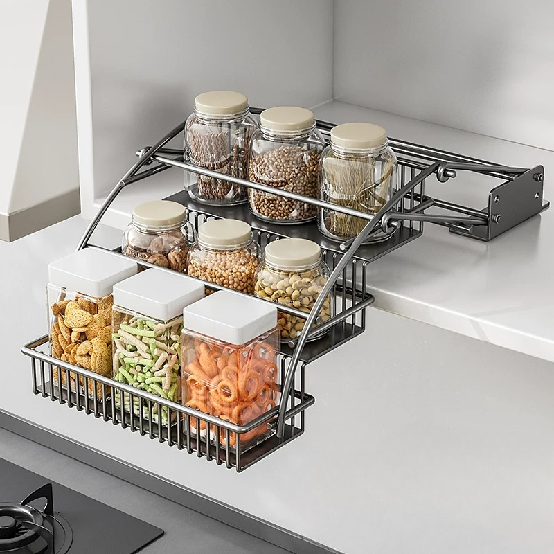 キャビネットプルダウンバスケット、3段リフトアップスパイスラ - Kitchen Gadgets Hacks のレビューと価格