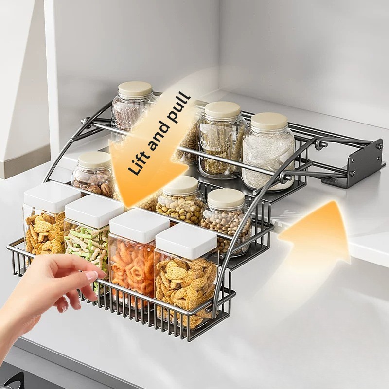 キャビネットプルダウンバスケット、3段リフトアップスパイスラ - Kitchen Gadgets Hacks のレビューと価格