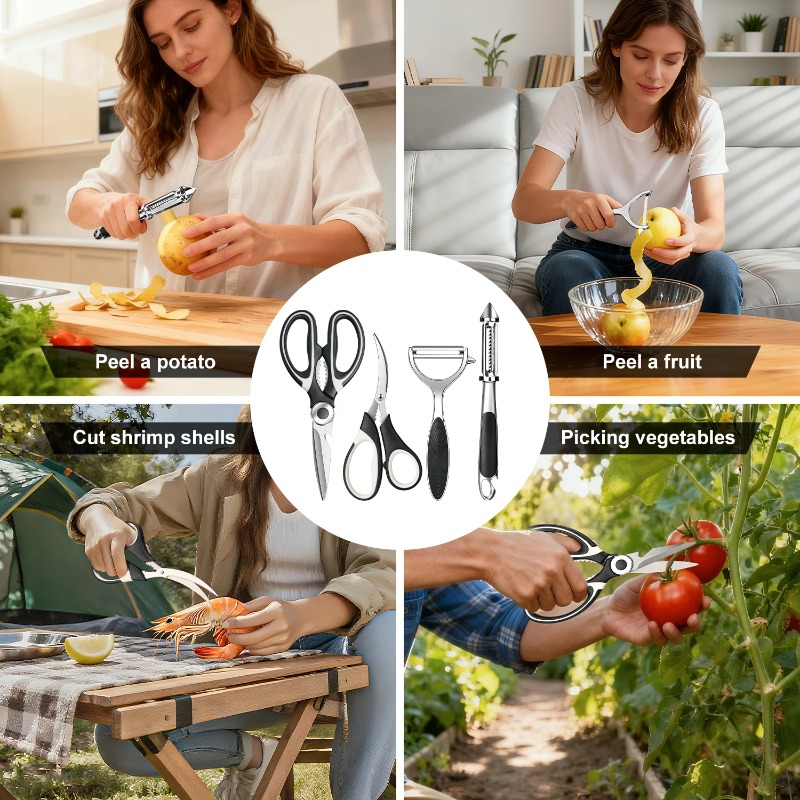 4本セットの黒いキッチン用ハサミ。魚介類用ハサミ、5-in- - Kitchen Gadgets Set のレビューと価格