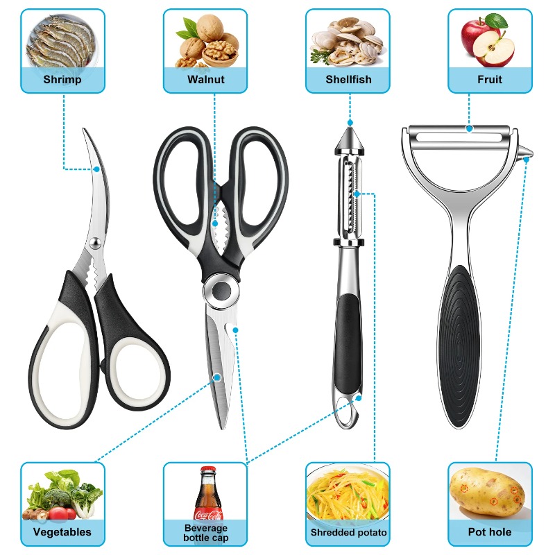 4本セットの黒いキッチン用ハサミ。魚介類用ハサミ、5-in- - Kitchen Gadgets Set のレビューと価格